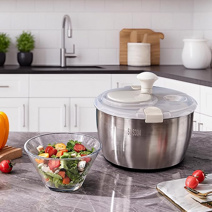 Stainless Steel Salad Spinner, 6L Multi-Use Lettuce Spinner with PP Lid, Large Vegetable Washer with Non-Slip Base, Fruit Washer，Vegetable Dryer