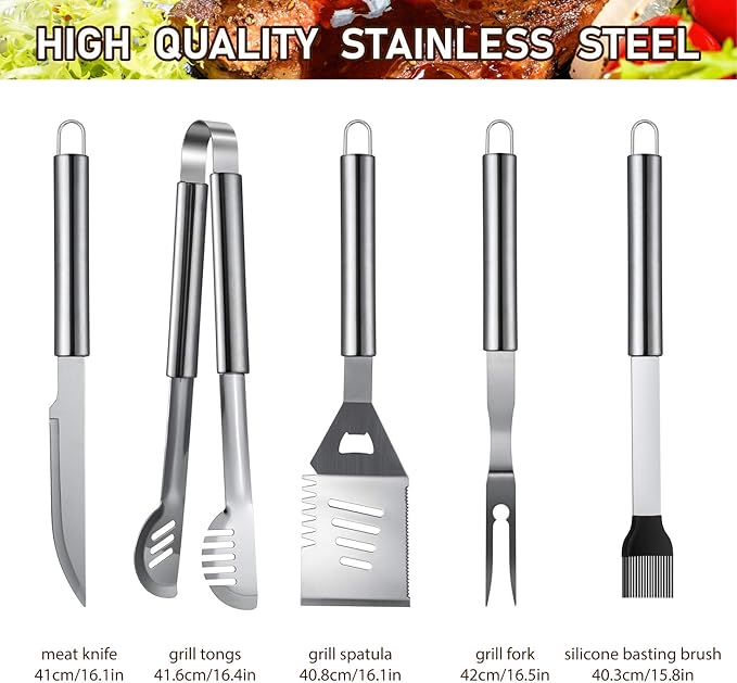 HUSSAR 34PCS BBQ Grill Tools Set Stainless Steel Grilling Accessories with Spatula, Tongs, Skewers for Barbecue, Camping, Kitchen, Complete Premium Grill Utensils Set in Storage Bag, Silver, (BTS-34)