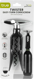 True Self Pulling Corkscrew Wine Opener, Durable Plastic with Easy Turn Chrome Handle, Wine Bottle Opener for Bartenders, Home Bar Tools, Bar Cart Accessories, Kitchen Essentials, Set of 1, Black