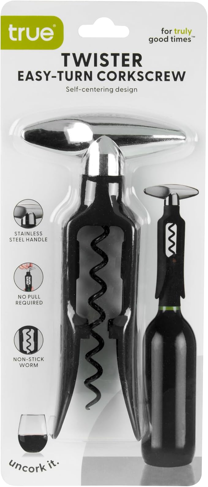 True Self Pulling Corkscrew Wine Opener, Durable Plastic with Easy Turn Chrome Handle, Wine Bottle Opener for Bartenders, Home Bar Tools, Bar Cart Accessories, Kitchen Essentials, Set of 1, Black