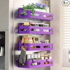Sevenblue 4 Pack Strong Magnetic Spice Rack for Refrigerator, Multipurpose Magnetic Shelf for Fridge with 4 Hooks for kitchen and Bathroom Organization, Purple
