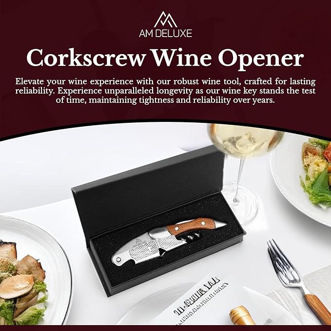 Waiters Corkscrew Wine Opener - Double-Hinged Fulcrum 3-In-1 Cork Screw Wine Bottle Opener Heavy Duty Stainless Steel & Classic Rosewood. Serrated Foil Cutter. Beer Opener. Magnetic Gift Box