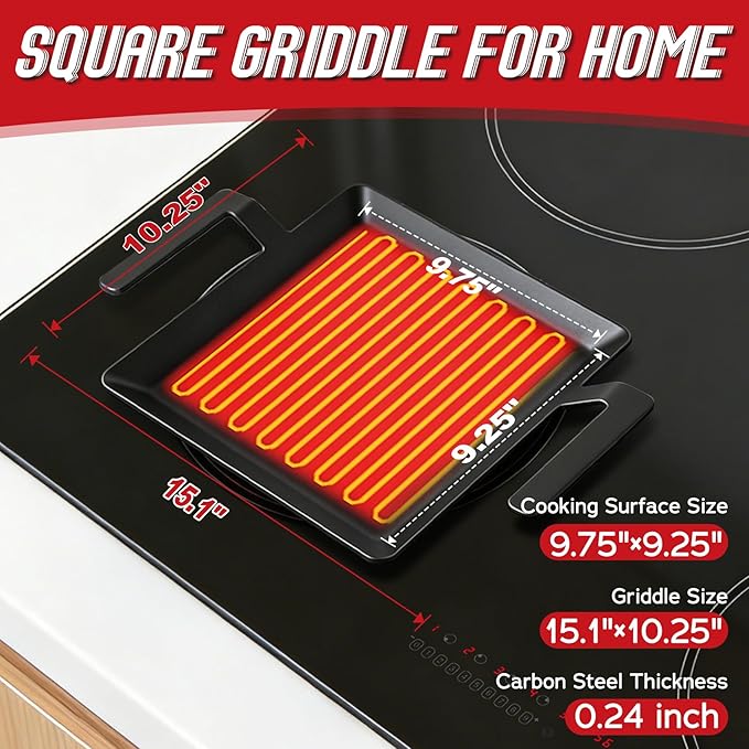 Carbon Steel Griddle, Small Non-Toxic Stovetop Flat Top Pan for Gas, Electric Range, Induction, Grill & Campfire, Pre-seasoned Nitride Coating, Oven Safe to 1200°F, with Heat-insulating Gloves