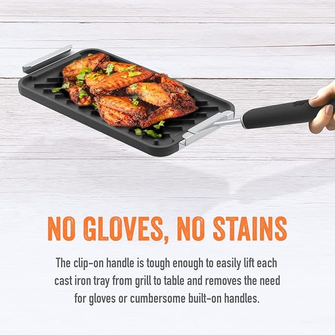 Yukon Glory SEAR 'N SERVE Cast Iron Grill Pan Set - Includes 3 Cast Iron Grilling Baskets & Clip-On Handle - Ideal for Stove Tops or Outdoor Grills