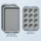 Pyrex (3-Piece) Metal Cookie & Muffin Sheet Bakeware Set, Lightweight Stainless Steel Baking Trays with Heatsafe Silicone Handles, Cookie Muffin Sheet Baking Pan, Cerulean