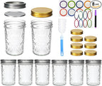 8oz Mason Jars,Canning Jars,Jam Jars for Jelly,Honey,Wedding Favors, Food Storage for Kitchen & DIY Gifts,with Lables,Pen and Sponge Brush,Set of 8