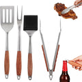 4PCS Grilling Accessories, Heavy Duty BBQ Grilling Tools Set, Outdoor Grill Set with Stainless Steel Spatula Fork Brush Tongs with Anti-Scald Rosewood Handle, Barbecue Utensils Men Present