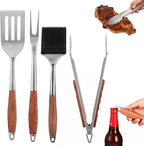 4PCS Grilling Accessories, Heavy Duty BBQ Grilling Tools Set, Outdoor Grill Set with Stainless Steel Spatula Fork Brush Tongs with Anti-Scald Rosewood Handle, Barbecue Utensils Men Present