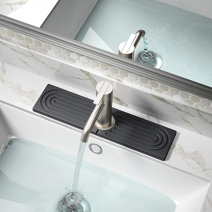DK177 Faucet Mat for Kitchen Sink - Water Absorbing Stone Tray for Sink, Diatomite Fast-Drying Faucet Mat, Faucet Splash Guard for Bathroom Counter (Dark Gray, 15.8" x 4")