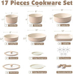 SENSARTE 17 Piece Ceramic Pots and Pans Set, Nonstick Detachable Handle Cookware, Induction Kitchen Cookware Set with Removable Handle, Dishwasher ＆ Oven Safe (Almond Beige)