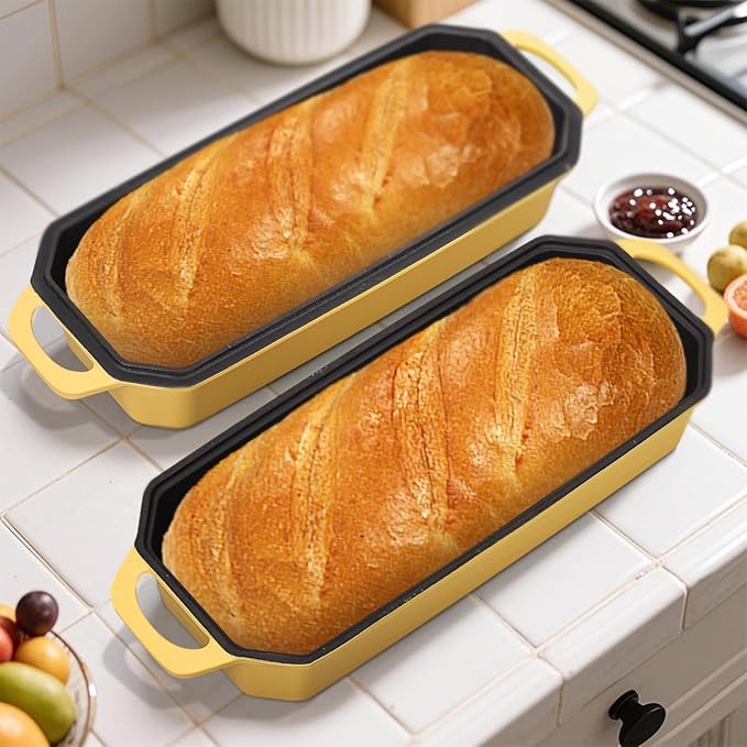 Flavehc Bread Pan Cast Iron Loaf Pan with Lid Bread Loaf Pan 13x5 Inch Enameled Cast Iron Sourdough Bread Pan,Yellow