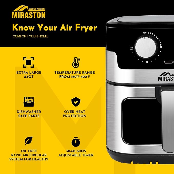 8.5QT Air Fryer, Upgraded Family Size Capacity, Visual Window, Square Basket Dials Stainless Steel Air Fryers, Reheat Leftovers, Easy Cooking for Healthier Breakfast & Dinner in Minutes