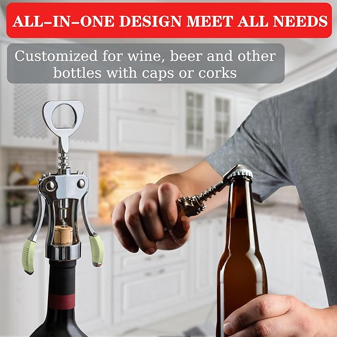 KORCCI Wine Opener, Heavy-Duty Zinc Alloy Wing Corkscrew, Premium Beer Bottle Opener, Multifunctional Wine Accessories with Ergonomic Handle and Sharp Screw, for Kitchen, Bar, Restaurant (GREEN)