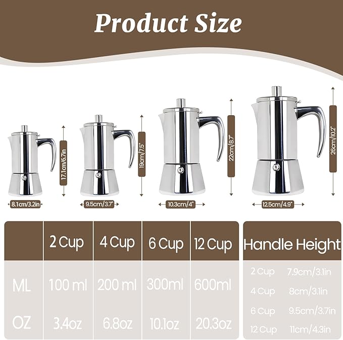 12 Cup Thickened Moka Pot 304 Stainless Steel 600ml Italian Espresso Coffee Maker Stovetop CoffeeMakers Mocha Pot Percolator for Induction Stove Classic Cafe Makers Portable for Easy Brewing