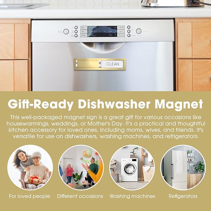 Dishwasher Magnet Clean Dirty Sign,Premium Stainless Steel Grade 304,Matte Finish Clean/Dirty Indicator with Strong Magnet, Home Kitchen Decor & Thoughtful Gift for Friends(Golden-03)