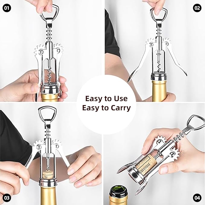 Wing Corkscrew Wine Opener, Premium Zinc Alloy Manual Bottle Opener, Heavy Duty Multifunctional Tool for Kitchen, Bar, Restaurant & Waiters (Silver)