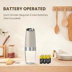 Gravity Electric Salt And Pepper Grinder Set, Automatic Salt And Pepper Grinder Set, Battery Powered (6 AAA Batteries Each), Adjustable Roughness, LED Light, 2 Pack, (Khaki)