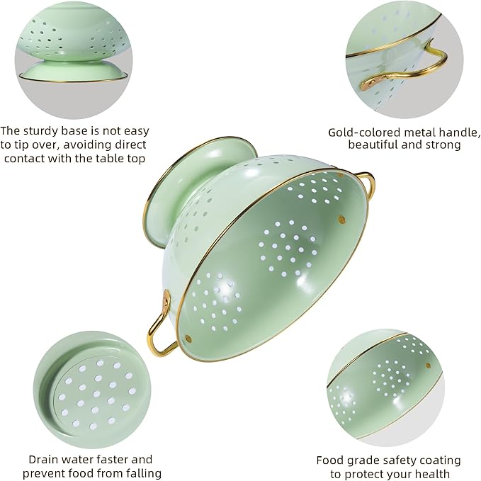 Metal Colander Set of 3, Strainer Basket with Handles perfect for Spaghetti, Pasta, Berry, Vegetable, Fruit, Solid Base Powder Coated Kitchen Essential Strainer Set, 1 & 3.5 & 5 Qt (Green)