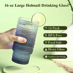 Large Capacity 16 oz Hobnail Drinking Glasses Set of 12, Vintage Glassware Drinking Glasses, Gray-blue Water Glasses Tumbler, Cups for Kitchen, Juice, Beer, Cocktail, Whiskey