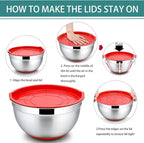 P&P CHEF Mixing Bowls With Lids, Set of 6, Stainless Steel Nesting Mixing Bowls & Fitting Lids & Non-Slip Silicone Bottom, Ideal for Mixing, Storing, Size 0.7/1/1.5/2.5/3/4.6 Qt, Multicolor