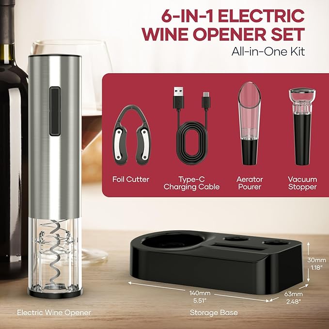 Electric Wine Opener,Rechargeable Automatic Wine Opener Corkscrew Opener Set With Wine Stopper, Foil Cutter, Wine Aerator,Storage Base & USB-C Cable Christmas Gifts for Wine Lovers