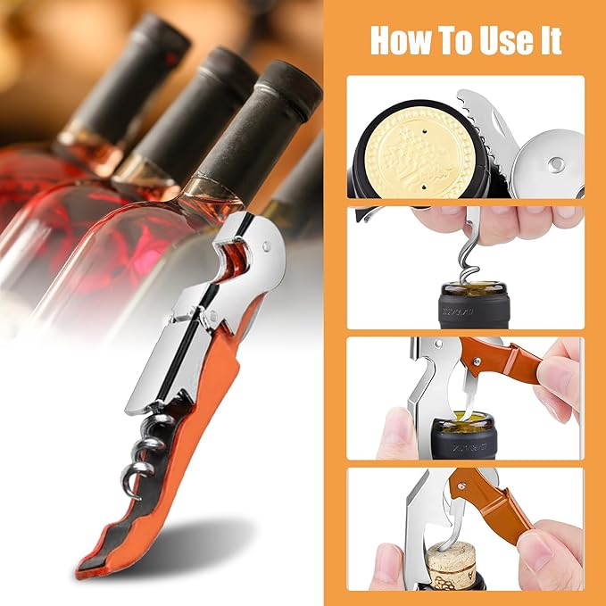 6 Pieces wine key wine opener Professional Waiter Corkscrews Stainless bottle opener Fold Serrated Foil Cutter Key for Family, Company Party,Bars,Restaurants(orange)