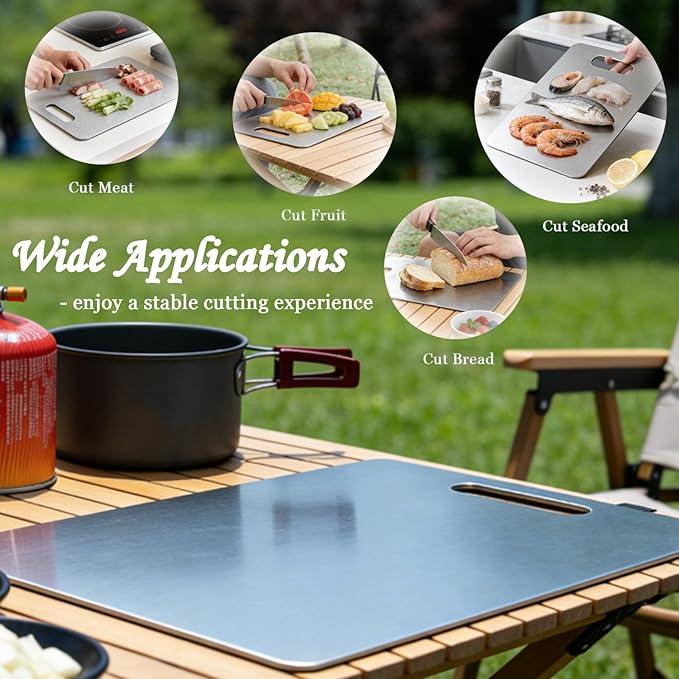 100% Pure Titanium Cutting Board Set of 2, Double-Sided Titanium Cutting Boards for Kitchen Dishwasher Safe, Camping Metal Charcuterie Chopping Board Mat for Meat, Fruit & Cheese (L+XL)