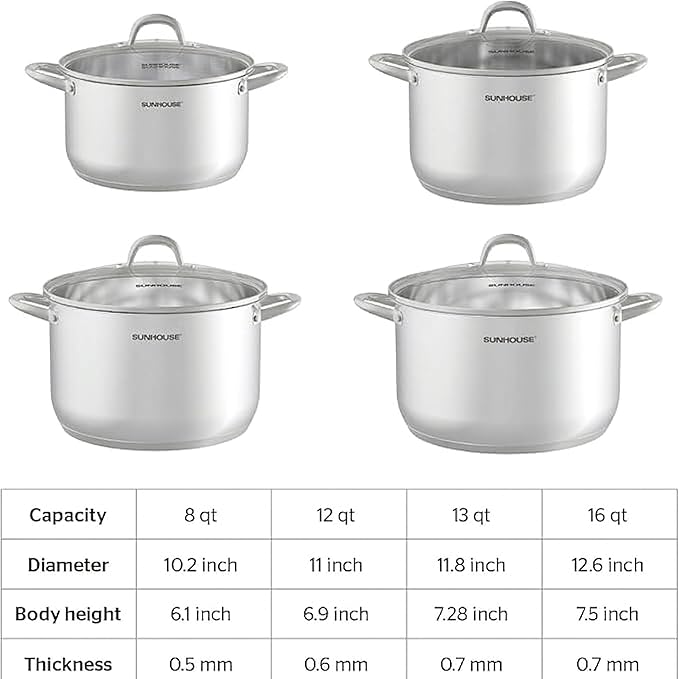 SUNHOUSE Stainless Steel Stock Pot - 11 Quart Heavy-Duty Induction Cooking Pot with Visible Lid for Pasta, Soup, Spaghetti - Nonstick Thick-Bottom Deep Stockpot for Canning, Boiling, and Simmering