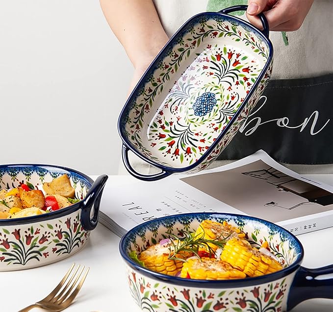 Vintage Style Tulip Flower Pattern Ceramic Bakeware Casserole Dish Baking Pan Lasagna Pans Baking Dish with Handles for Oven/Cooking/Kitchen-1 PCS-22 OZ