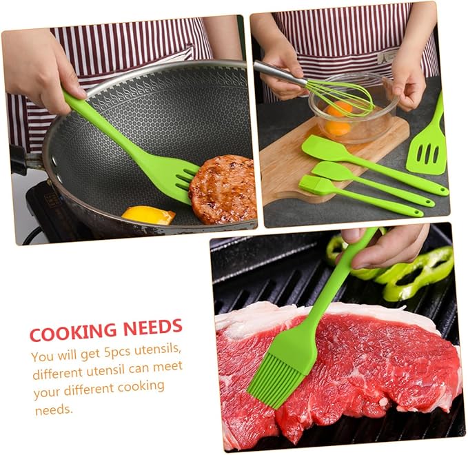 5pcs Kitchen Silicone Utensil Set Green Nonstick Baking Tools with Egg Whisk and Spatula Food-grade Silicone Cooking Gadgets for Mixing Scraping and Stirring