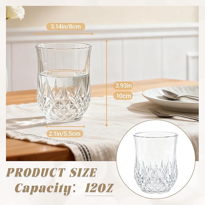 24 Pack Plastic Stemless Wine Glasses,12oz Unbreakable Vintage Elegant Drinking Glass Set,Reusable Fancy Cocktail Cups for Party, Wedding, and Bulk Events (24, 12oz-Transparent)
