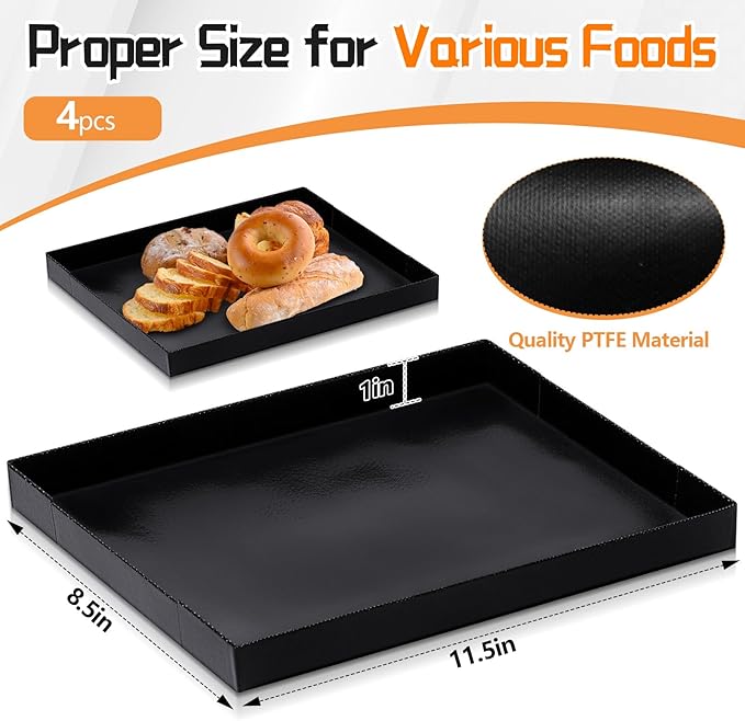 Teenyyou 4 Pcs 8.5 x 11.5 x 1 Inch Non-stick PTFE Oven Trays Reusable Solid Black Baking Basket Easy Clean Heat Resistant Quick Oven Accessories for Cooking Heating Chips Chicken in Restaurant Kitchen