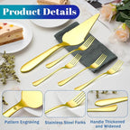 Eisinly 1 Pcs Cake Pie Server and 4 Forks Set for Wedding, Elegant Pizza Slicer Server Set with Stainless Steel Big Serrated Edges, Cake Cutter Pie Spatula for Birthday Anniversary, Gold