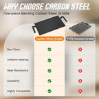 Premium Carbon Steel Griddle Comes with Grill Press, Large Non-Toxic Stovetop Flat Top Pan for Gas, Electric Range, Induction, Grill & Campfire, Pre-seasoned Nitride Coating, Oven Safe to 1200°F