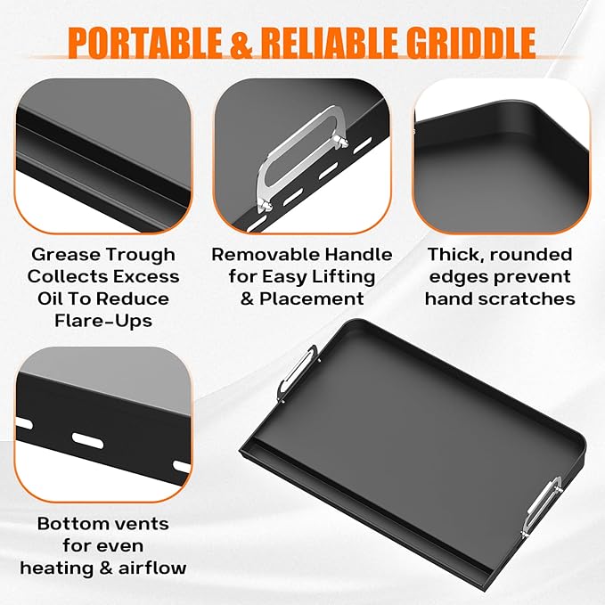 16" x 13" Cast Iron Nonstick Grill Griddle for Gas & Charcoal Grills, Flat Top BBQ Griddle Plate with Grease Groove & Removable Handle, Universal Fit for Outdoor & Home Cooking, Tailgating
