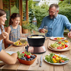 Artestia Swiss Design 2-QT Electric Fondue Pot for Meat, 1500W Ceramic Chocolate Melting Pot with Adjustable Temperature, 6 Fondue Forks, White Ceramic Pot with Rose-Gold Base (Black)