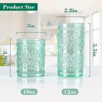 Green Glassware Set of 4, Vintage Drinking Glasses, Colored Glassware Drinking, Highball Embossed Beverage Glasses Cup for Party Wedding Home Office and Gift (2pcs12oz+2pcs10oz）