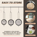 Norme 4 Quart Stainless Steel Black Colander and 3 Pcs Black Fine Mesh Strainer, Stainless Steel Pasta Rice Food Metal Strainer with Handles, Easy Clean and Dishwasher Safe