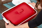 ROSSALLINI Stoneware Casserole Dish Bakeware Set with Lid, Covered Rectangular Dinnerware, Large 3.2 Quart, 11 by 9 Inch [Deep Red]