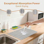 2 PCS Large Stone Dish Drying Mat for Kitchen Counter with Water Absorbing Sink Tray,24x16 Inch Foldable Diatomaceous Earth Dish Mat & 8x4 Inch Stone Coasters Tray,Super Absorbent Quick Dry