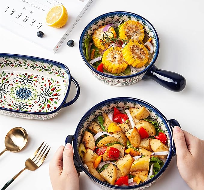 Vintage Style Tulip Flower Pattern Ceramic Bakeware Casserole Dish Baking Pan Lasagna Pans Baking Dish with Handles for Oven/Cooking/Kitchen-1 PCS-32 OZ