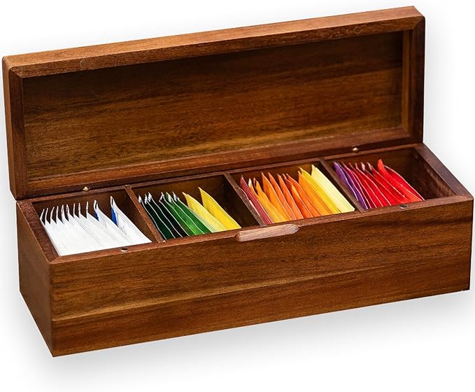 Acacia Wooden Tea Bag Organizers, Tea packet Storage Boxes, Tea Caddy for Tea Bags Chest, Teabag Holder Containers, Teabox Station Display, Organizador De Tes Caja Para Te, 4 Compartments