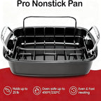 Large Nonstick Roasting Pan Kit with Rack (17x13 Inch) - Includes Baster, Pastry Brush & Twine for Turkey, Chicken, Ham - Even Heating, Easy Clean, Dark Grey
