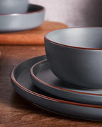 Famiware Mercury Dinnerware Sets with Pasta Bowls, Service for 4 (16 Pieces), Plates and Bowls Sets, Microwave and Dishwasher Safe Dishes Set, Charcoal