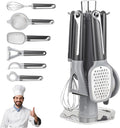 7-Piece Kitchen Gadget Set, Stainless Steel Cooking Utensils Set with Holder, 7-Pieces All Metal Kitchen Utensils, 11.4’’ Long Kitchen Tools with Countertop Rotating Stand (Gray)