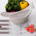 TJ POP Pot Strainer Stainless Steel, Pasta Strainer, Premium Metal Food Strainer for Noodles Fruit Veggies, Suitable for Pots or Containers Up to 10 Inches