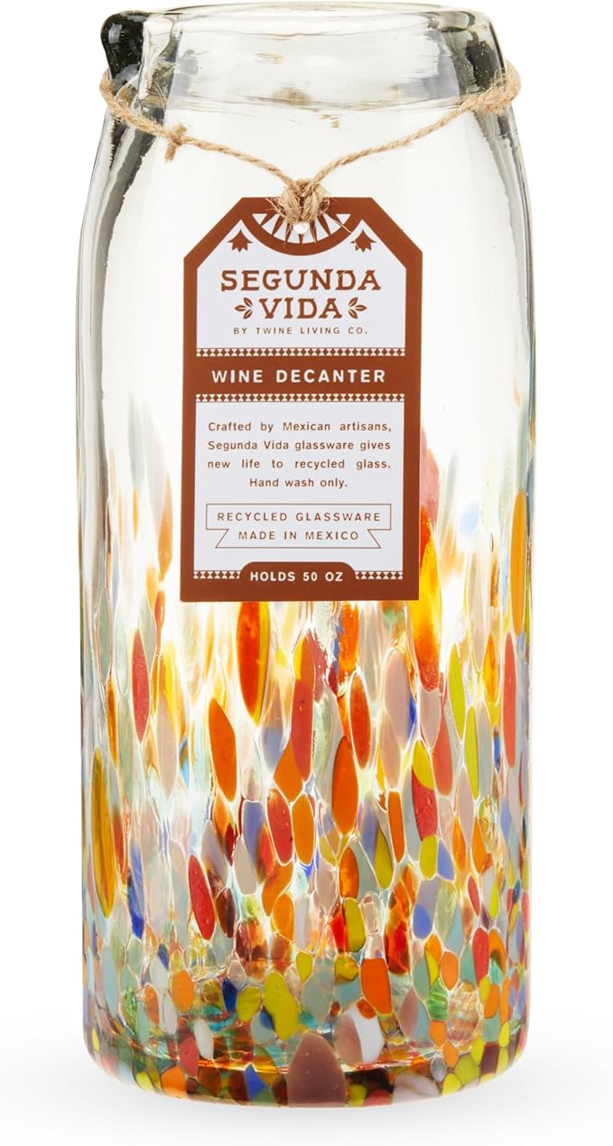 Segunda Vida Artistico Recycled Glass Carafe, Hand Blown Pitcher, Home Cocktail Bar Gifts, Colored Mexican Pitcher, 42oz Set of 1