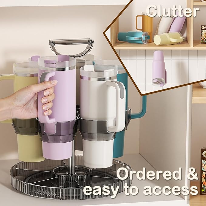 Rotating Coffee Bar Accessories Organizer, 2-Tier Lazy Susan Cup Holder for Stanley 40oz Tumbler with Handle, Countertop Drying Rack Station with Divided Tray for K-Cups, Snacks & Mugs