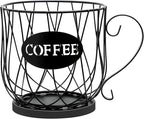 Coffee Pod Holder Organizer, Large Capacity K Cup Holder Organizer, Storage Basket for Kitchen Countertop Office Coffee Bar with Wooden Base(Rustic Black-Round)