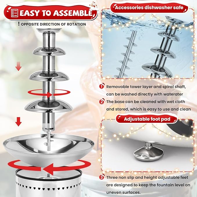 Commercial Chocolate Fountain 4 Layers 11Lbs Large Chocolate Fondue Tower Stainless Steel Hot Chocolate Waterfall for Nacho Cheese Knob Control